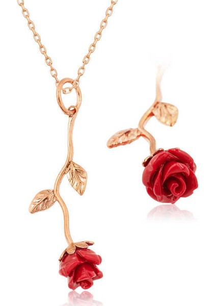 Gümüş Kırmızı Gül Kolye