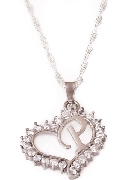 Gümüş P Harf Kalpli Bayan Kolye