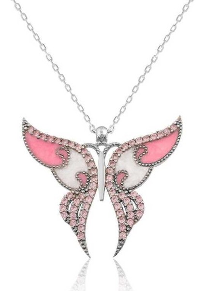 Gümüş Pembe Kelebek Kolye