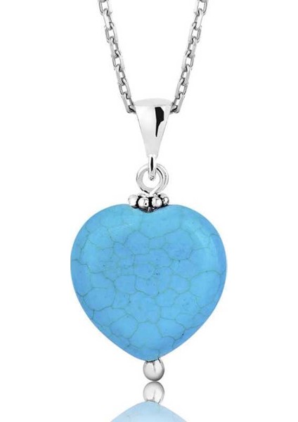 Gümüş Turkuaz Taşlı Kalp Bayan Kolye