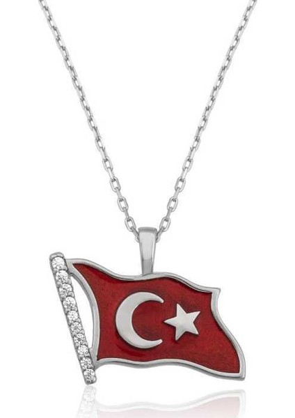 Gümüş Türk Bayrağı Bayan Kolye
