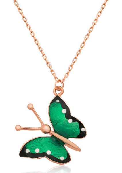 Gümüş Yeşil Kelebek Bayan Kolye