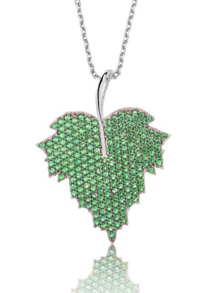 Gümüş Yeşil Yaprak Bayan Kolye