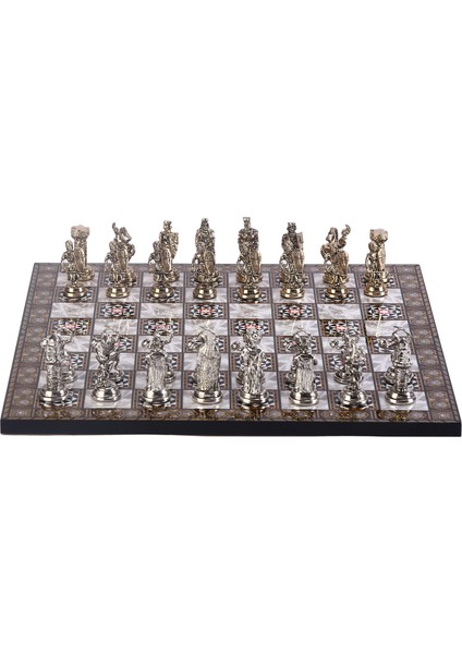 Metal Osmanlı Bizans Satranç Takımı Orta Boy Parlak ve Sedef Tahtası