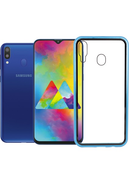 Case 4U Samsung Galaxy M20 Kılıf 360 Tam Koruma Arkası Cam Şeffaf Mıknatıslı Devrim Mavi