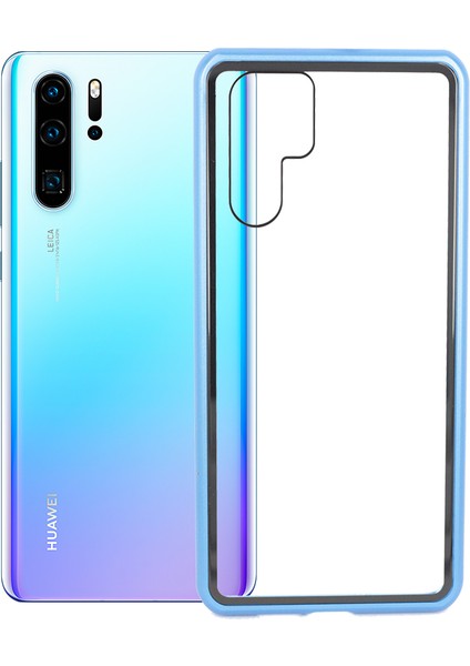 Huawei P30 Pro Kılıf 360 Tam Koruma Arkası Cam Şeffaf Mıknatıslı Devrim Mavi