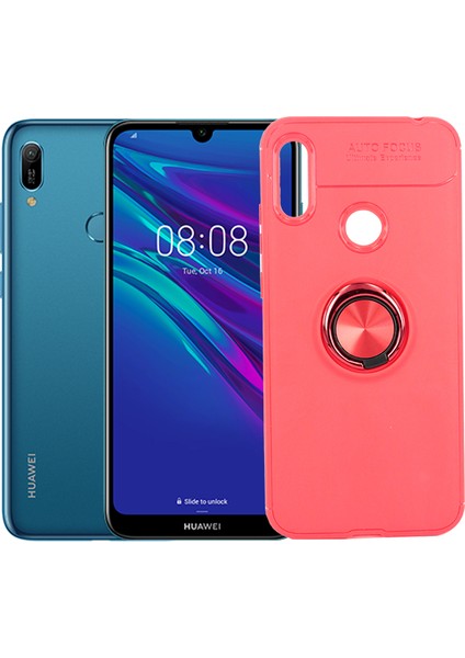 Huawei Y6 2019 Kılıf Autofocus Shockprof Ravel Yüzüklü Standlı Slikon Kapak Kırmızı