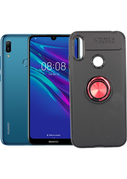 Huawei Y6 2019 Kılıf Autofocus Shockprof Ravel Yüzüklü Standlı Slikon Kapak Siyah - Kırmızı