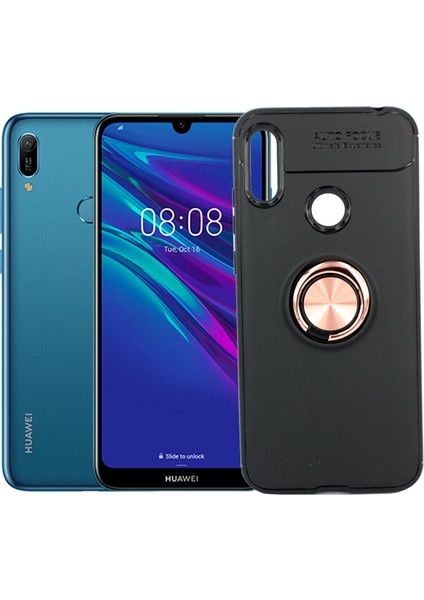 Huawei Y6 2019 Kılıf Autofocus Shockprof Ravel Yüzüklü Standlı Slikon Kapak Rose Gold