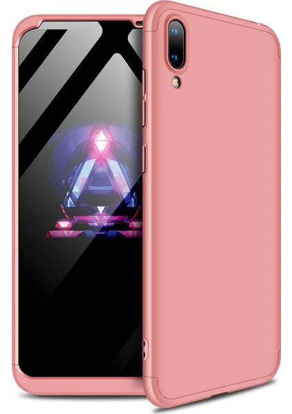 Case 4U Huawei Y7 2019 Kılıf 3 Parçalı Tam Koruma Sert Mika Ays Kapak Rose Gold