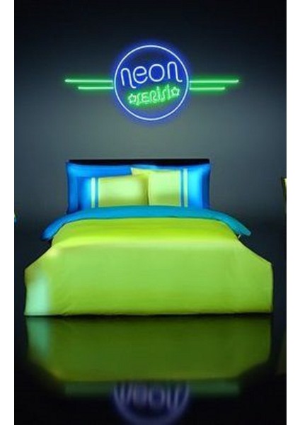 Neon Yeşil Mavi Çift Kişilik Nevresim Takımı 4 Yastik Kilifi