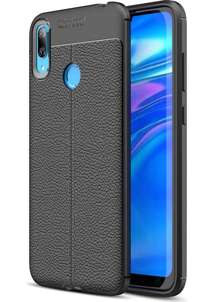 Huawei Y7 Prime 2019 Kılıf Deri Dokulu Silikon Siyah