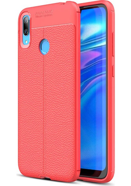 Huawei Y7 Prime 2019 Kılıf Deri Dokulu Silikon Kırmızı