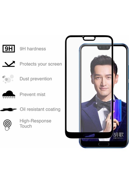 Huawei Honor 10 Tam Kaplayan Temperli Cam Ekran Koruyucu Siyah