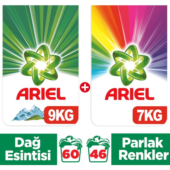 Ariel Toz Çamaşır Deterjanı Dağ Esintisi 9 kg + Parlak Renkler 7 kg