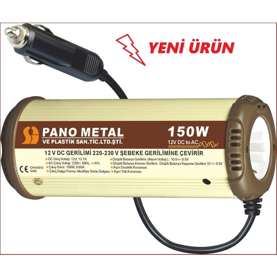Pano Metal Çakmaktan 12 Volt 220 Volt 150 Watt USB'li İnverter Dönüştürücü