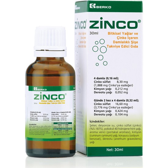 Zinco Bitkisel Yağlar ve Çinko İçeren Damlalıklı Şişe Takviye Edici Gıda 30 ml