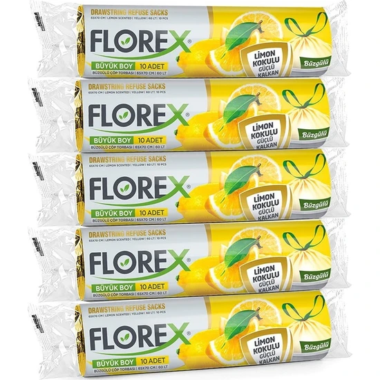 Florex Büzgülü Limon Kokulu Büyük Boy Çöp Poşeti X 5 Rulo
