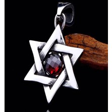 Vikings Titanyum Çelik Kırmızı  Zirkon Taşlı  Jewish Star  Davud Yıldızı Kolye