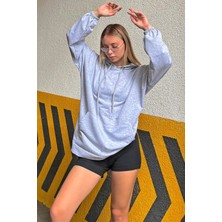 Swist Gri Kapüşonlu Kanguru Cep Oversize Kadın Sweatshirt