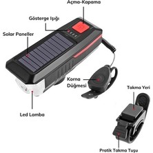 Asloka Buffer® Solar Enerjili USB ile Şarj Edilebilir Ledli Bisiklet Feneri Kornalı ve Su Geçirmez Far