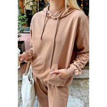 Swist Vizon Ribanalı Kapüşonlu Kanguru Cep Kadın Crop Sweat