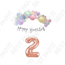 Rönesans Parti Happy Bırthday Gümüş Yazılı Kaligrafi Banner Makaron Balon Seti 2 Yaş Rose Gold Set Doğum Günü