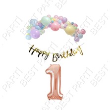 Rönesans Parti Happy Bırthday Gold Yazılı Kaligrafi Banner Makaron Balon Seti 1 Yaş Rose Gold Set Doğum Günü