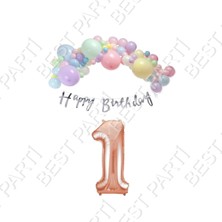 Rönesans Parti Happy Bırthday Gümüş Yazılı Kaligrafi Banner Makaron Balon Seti 1 Yaş Rose Gold Set Doğum Günü