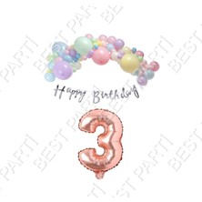 Rönesans Parti Happy Bırthday Gümüş Yazılı Kaligrafi Banner Makaron Balon Seti 3 Yaş Rose Gold Set Doğum Günü