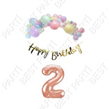 Rönesans Parti Happy Bırthday Gold Yazılı Kaligrafi Banner Makaron Balon Seti 2 Yaş Rose Gold Set Doğum Günü