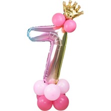 Rönesans Parti 7 Yaş Gökkuşağı Renkleri Rakam Balon Altın Taçlı 7 Rakamlı Balon