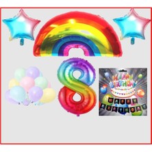 Rönesans Parti Gökkuşağı Yıldız Makaron Balon Banner Temalı 8 Yaş Doğum Günü Parti Seti