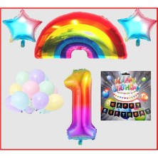 Rönesans Parti Gökkuşağı Yıldız Makaron Balon Banner Temalı 1 Yaş Doğum Günü Parti Seti