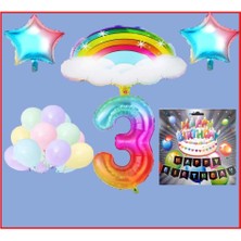 Rönesans Parti Bulutlu Gökkuşağı Yıldız Makaron Balon Banner Temalı 3 Yaş Doğum Günü Parti Seti
