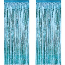 Rönesans Parti 1 Adet 90 cm × 200 cm Metalize Arka Fon Kapı Perdesi Püsküllü Fon Süsü Mavi