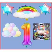 Rönesans Parti Bulutlu Gökkuşağı Yıldız Makaron Balon Banner Temalı 1 Yaş Doğum Günü Parti Seti