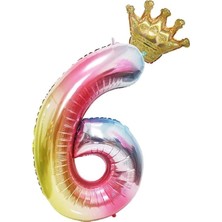 Rönesans Parti 6 Yaş Gökkuşağı Rakam ve Kral Tacı Folyo Balon Doğum Günü Parti Kutlama Seti