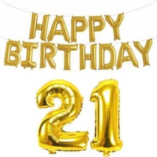 Rönesans Parti Altın Renk Happy Birthday Yazılı 21 Yaş Folyo Balon Parti ve Kutlama Seti