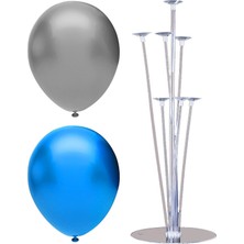 Rönesans Parti 7 Çubuklu Balon Standı + 7 Adet Balon ( Gümüş, Koyu Mavi )
