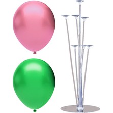 Rönesans Parti 7 Çubuklu Balon Standı + 7 Adet Balon ( Koyu Yeşil, Pembe )