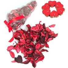Rönesans Parti 25 Kırmızı Kalpli Mum + 1 Paket 100 Gr. Kuru Gül Yaprağı