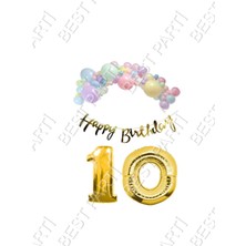 Rönesans Parti Happy Bırthday Yazılı Kaligrafi Banner Makaron Balon Seti 10 Yaş Gold Set Doğum Günü
