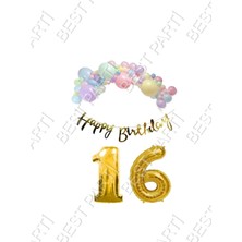 Rönesans Parti Happy Bırthday Yazılı Kaligrafi Banner Makaron Balon Seti 16 Yaş Gold Set Doğum Günü