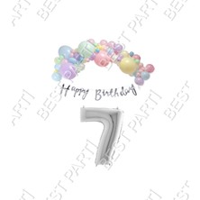 Rönesans Parti Happy Bırthday Yazılı Kaligrafi Banner Makaron Balon Seti 7 Yaş Gümüş Set Doğum Günü