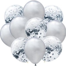 Rönesans Parti Gümüş Konfetili Şeffaf Metalik Gümüş Balon Seti 20 Adet
