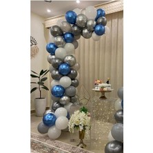 Rönesans Parti Pastel Beyaz-Gri -Krom Gümüş-Mavi Balon 50 Adet + 5 Mt. Balon Zinciri