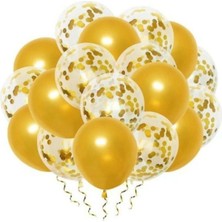 Rönesans Parti Gold Konfetili Şeffaf Balon ve Metalik Gold Balon Seti (20 Adet)
