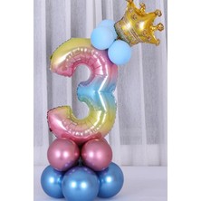 Rönesans Parti Gökkuşağı Renkleri Rakam Balon Altın Taçlı 3 Rakamlı Balon Seti