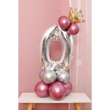 Rönesans Parti 0 Yaş Krom Pembe-Gümüş Renkler Altın Taçlı Balon Seti